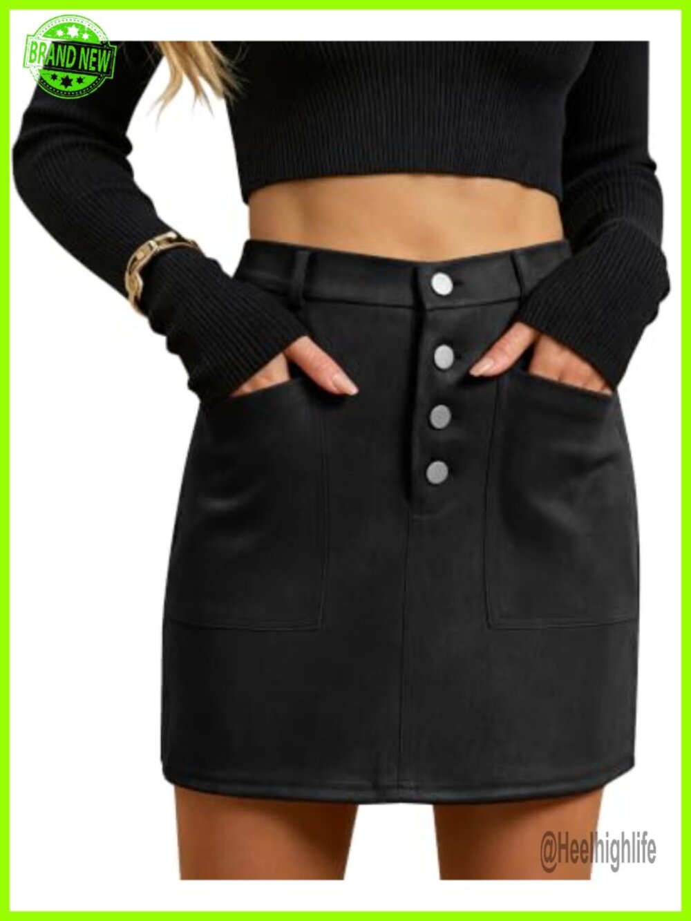 Faux Suede High Waisted Button Front A-Line Mini Skirt with Pockets